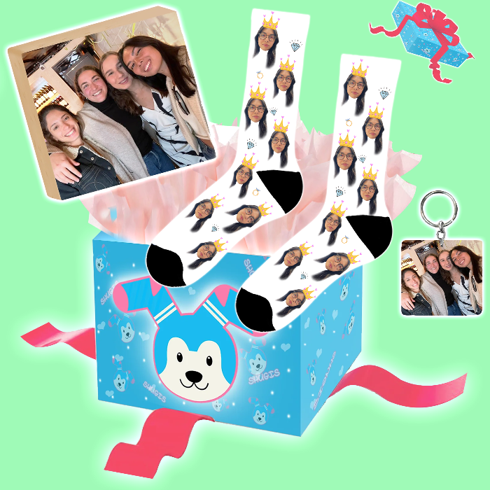 מארז מתנת שחרור בעיצוב אישי גרביים עם פרצוף ובלוק עץ שוגיס