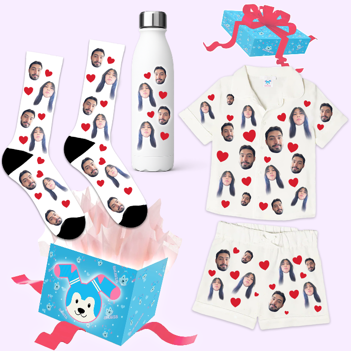 מארז מתנה לאישה שיש לה הכל בעיצוב אישי פיג'מה וגרביים שוגיס